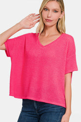 Zenana Women's Drop Shoulder Short Sleeve Jacquard Knit Top - Casual Chic